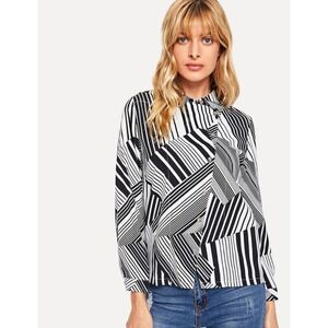 The Shirt Rochelle Behrens Blue Geometric Striped‎ Button Down Blouse Small